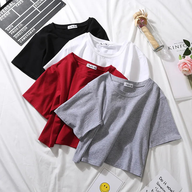 Summer Short Sleeve T Shirts Women Cotton Solid T-shirt O Neck High Waist Crop Top Tee Female Casual Loose T Shirt