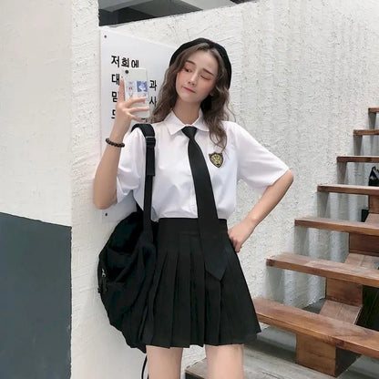 School Girl Uniform Two-piece College Style Pleated Skirt Suits Women's Suits Summer Loose Shirt Female Student Korean Uniform