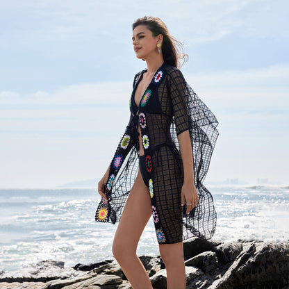 ZLLKL 2025 New product in !!  beach skirt women's hand hook splicing grid beach bikini swimsuit blouse sunscreen clothing