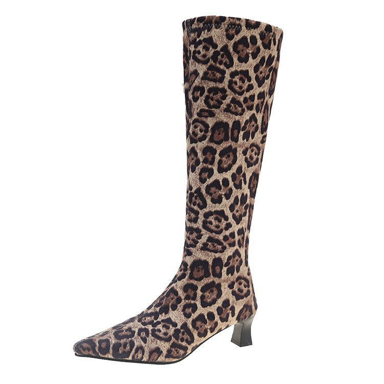 2025  Suede boots autumn and winter velvet popular new imperial sister wind pointed head high heel rear zipper medium long tube thin boots