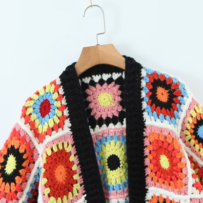 22 autumn and winter new European and American style fashion temperament women's clothing all handmade grandmother plaid loose cardigan knitted sweater