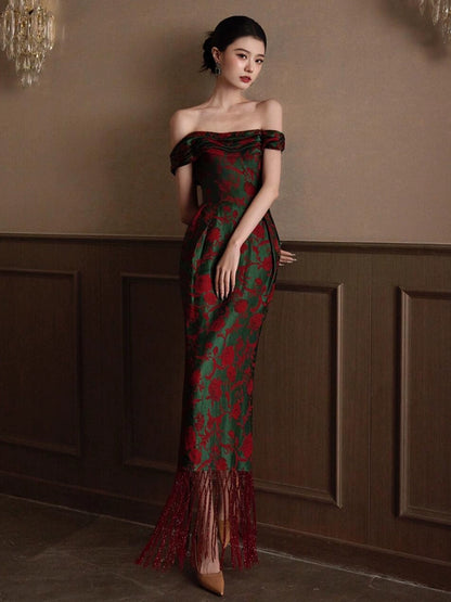 Morning robe female bride one-word shoulder retro new Chinese style engagement dress temperament banquet advanced wedding toast
