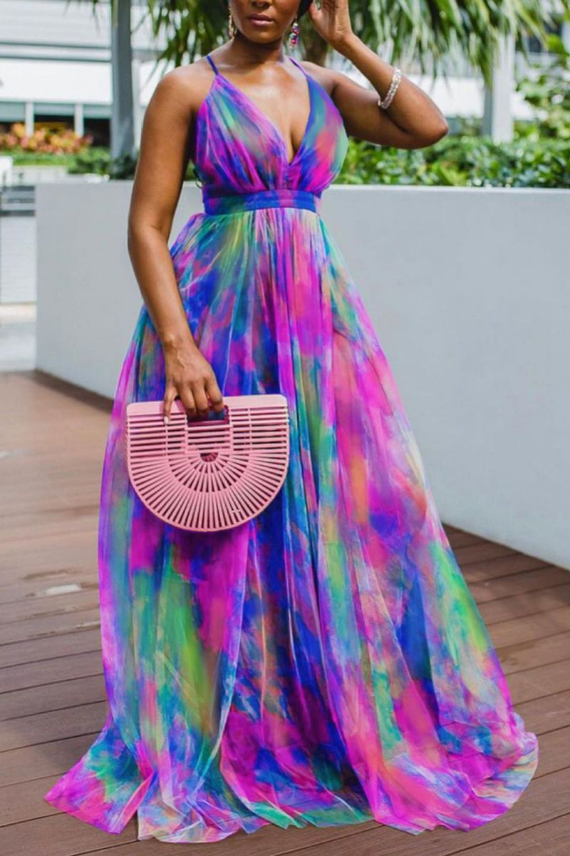 2021 spring and summer new 2025 Popular trade printing pendulum mesh dress commuting 2025 large-size women's dress