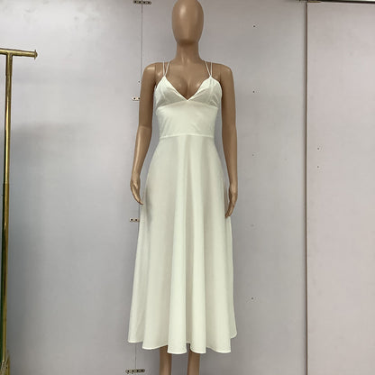 ZllKl  Spring/Summer Cross-Border Women's Clothing Solid Color  Hepburn Style Strap Dress Tube Top Stitching Midi Dress