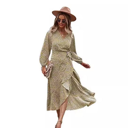 Zllk  In Stock!  European and American Foreign Trade Women's Long Sleeve Wrap Dress Flower Printed V-neck Autumn and Winter Dress