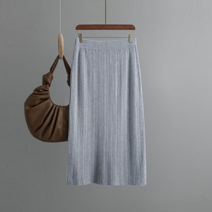 ZllKl Rear split knitted pit strip skirt solid color elastic waist elastic hip wrap temperament thin wool skirt autumn new