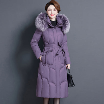 2023 new fashionable and foreign medium and long mother thickened winter knee jacket middle-aged white duck down jacket women