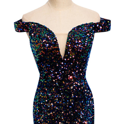 2025 supply one-word shoulder fishtail dress  new heavy industry sequins temperament long host evening dress