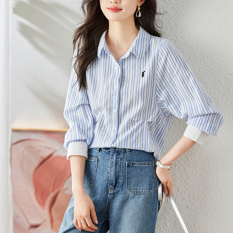 direct sales blue striped shirt women's long-sleeved spring and autumn clothes new casual top cartoon embroidered cotton shirt