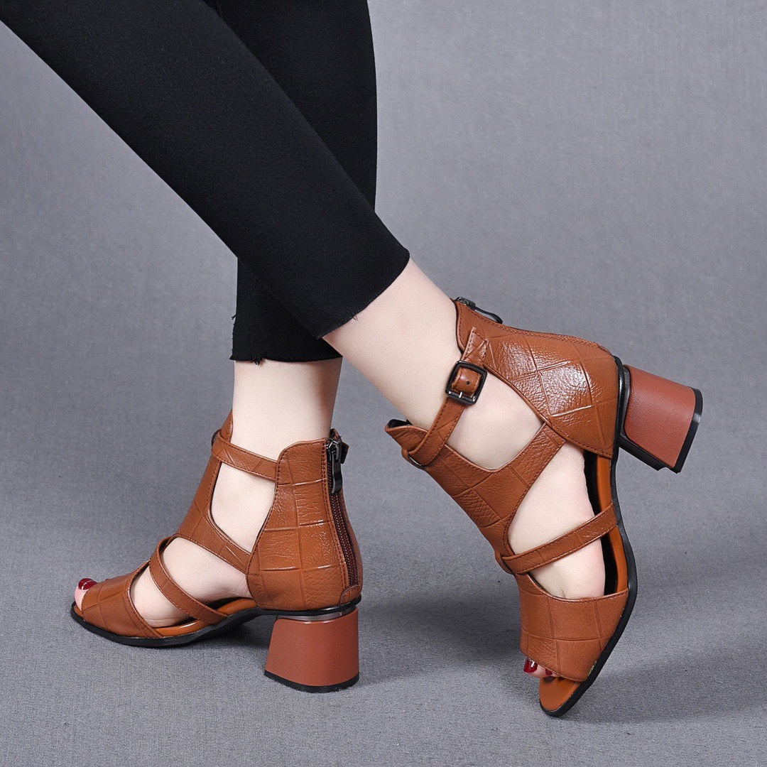 ZllKl  Women's High Heel Sandals  Summer European and American Style Top Layer Cowhide Fish Mouth Chunky Heel Roman Fashion Shoes Back Zipper Sandal Boots