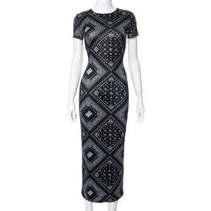 2025 K24DS118  women's clothing summer short-sleeved new retro temperament printed round neck slim-fitting high-waisted long dress
