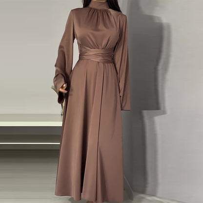 ZllKl  Autumn New  Cross Border  Cross-Border Solid Color round-Neck High Waist Slim Long Sleeve Elegant Dress