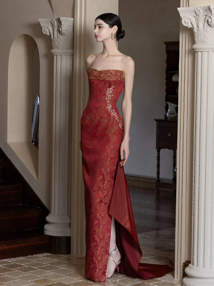 New Chinese evening dress bride red tube top high sense light luxury morning robe retro engagement banquet return toast dress