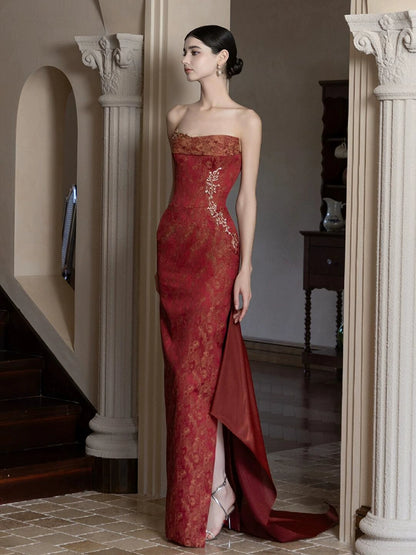 New Chinese evening dress bride red tube top high sense light luxury morning robe retro engagement banquet return toast dress