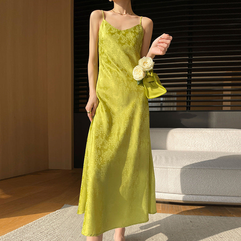 Summer New Acetate Sling Dress Women's Outer Wear V-neck Silk Printed Temperament Slim Looking Base Sexy Dress