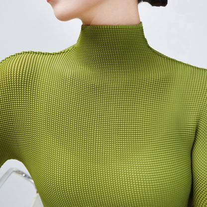 2025 Miyake basic spring and autumn bottoming shirt women's temperament turtleneck solid color slim fit simple versatile pleated long-sleeved top