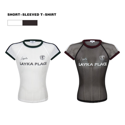 TX220 Trend 2025 Women's Premium Sense Street Tide Grid Breathable Design Short Sleeve Spice Girls Niche Skinny T-Shirt