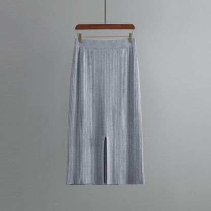 ZllKl Rear split knitted pit strip skirt solid color elastic waist elastic hip wrap temperament thin wool skirt autumn new