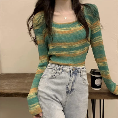 Design Sense Striped Square Neck Short Top Women's Long Sleeve Spring, Autumn and Winter Sweet and Skinny Slim Inside Bottom Knitted Sweater