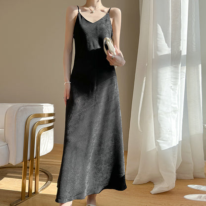 Summer New Acetate Sling Dress Women's Outer Wear V-neck Silk Printed Temperament Slim Looking Base Sexy Dress
