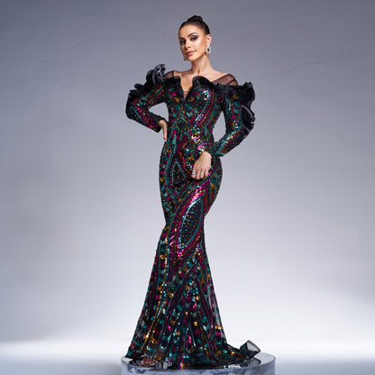 r 2025 new long-sleeved V-neck hollowed-out long sequined banquet fishtail evening dress bridesmaid dress women