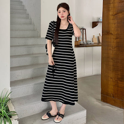 ZllKl  100.00kg plus Size Women's Clothing Square Collar Short Sleeve T-shirt Skirt  Summer Plump Girls Slimming Stripes Knitted Dress 22301