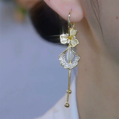 Flowers bloom, wealth, fashion and high-end opal ginkgo biloba earrings s925 silver needle long tassel face thin earrings