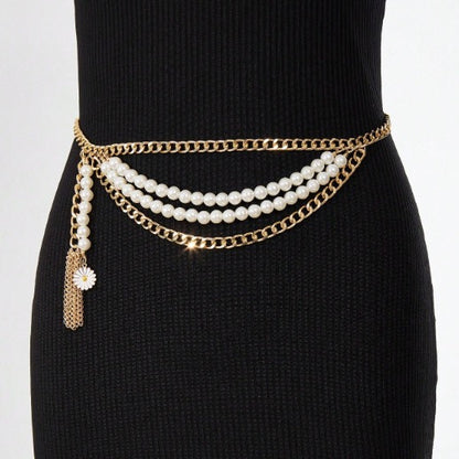 FB3410 2025 waist chain wavy tassel side pendulum chain metal chain pearl chain combination waist chain waist decoration
