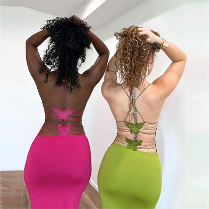 ZllKl  Cross Border  Summer Fashion Trends Women's New Halter Backless Slim-Fit Printed Sheath Dress