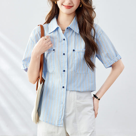 Cotton cocoon, blue striped shirt women's short sleeves 2025 summer new top loose and thin casual women's shirt