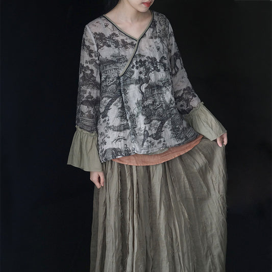 spring and summer printed V-neck ramie shirt, retro national style wide-sleeved contrasting top S22175