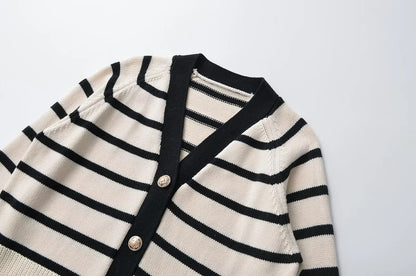 Hot trade fashion women's clothing  winter new V-neck striped single-breasted knitted sweater 8205