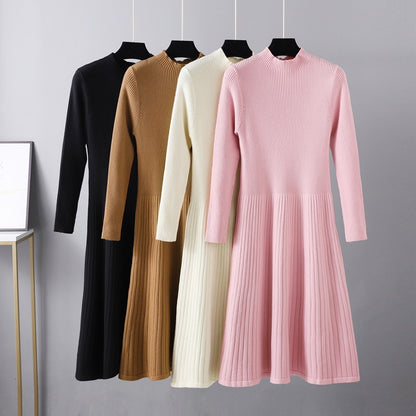 ZllKl Knitted semi-turtleneck dress for women, slim and thin in autumn and winter, thickened medium and long umbrella skirt, pink sweater skirt