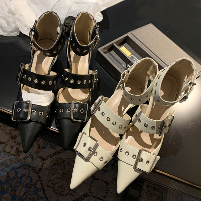 2025  Internet celebrity thick heel bag head sandals women's Roman straps shoes middle heel one word with rivets pointed shoes hollow single shoes