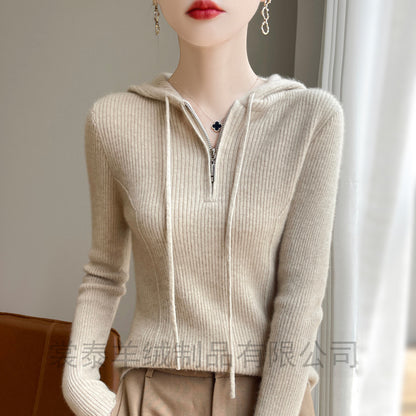 Half-zipper drawstring slim cashmere sweater women's pullover sweater autumn and winter solid color hooded wool knitted slim base
