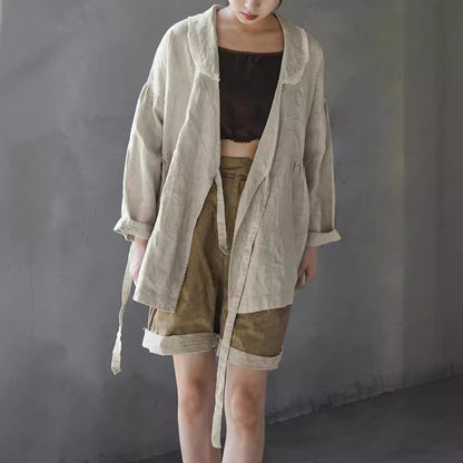design literary and retro linen cardigan, pastoral life loose lace-up age-reducing jacket S24085