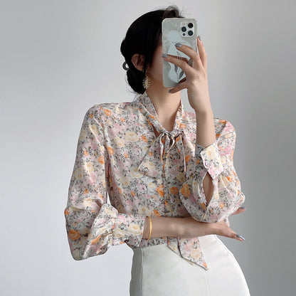 Silk lace-up shirt women's spring and summer popular new mulberry silk slim-fit top with loose long-sleeved shirt inside