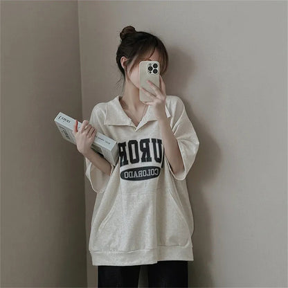 ZllKl Manufacturer 3-color sweater polo cotton casual Internet celebrity Korean T-shirt women's short sleeves summer five-quarter sleeves loose niche over