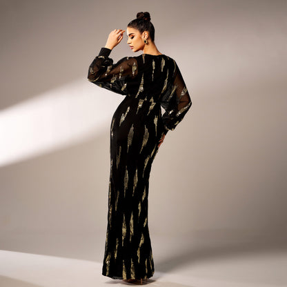 r 2025 high-end long-sleeved temperament V-neck sexy long sequined banquet evening dress bridesmaid dress women