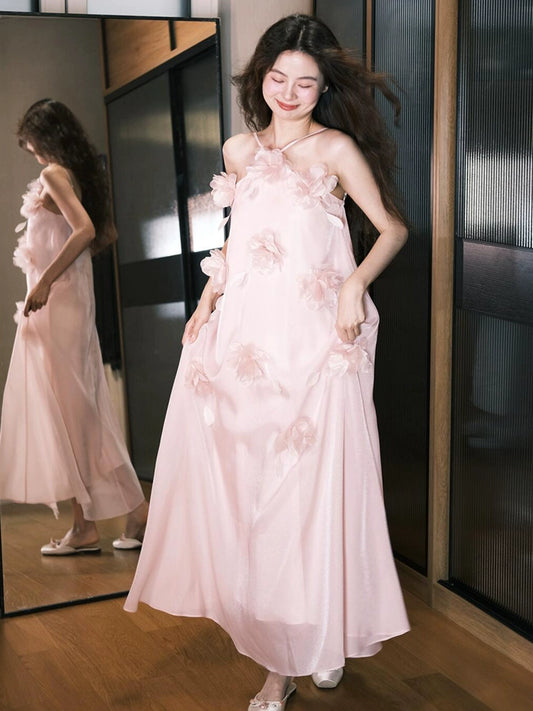 Pink morning gown femininity super fairy suspender bride return engagement dress banquet welcome three-dimensional flower dress