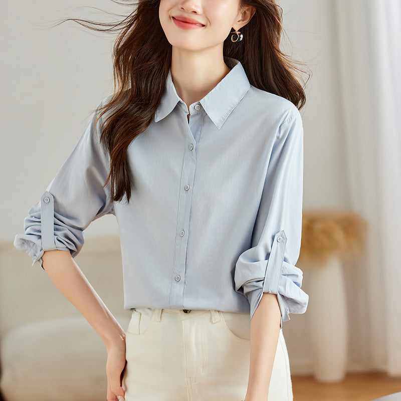 direct sales blue long-sleeved shirt women's autumn new temperament simple and versatile fashion loose medium and long shirt