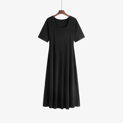 ZllKl  100.00kg plus Size Women's Clothing Square Collar Short Sleeve T-shirt Skirt  Summer Plump Girls Slimming Stripes Knitted Dress 22301