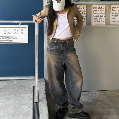 2025 Street Washed White Side Multi-Pocket Wide-Leg Jeans Women's Low Waist Loose Slimming Pleated Trousers Spring