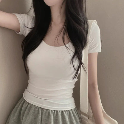 ZLLKL Manufacturer 5 colors, Korean version of pure cotton color, basic square neck short-sleeved t-shirt, short backing, thin slim-fitting and thin top