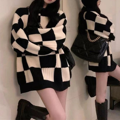 Checkerboard sweater women's autumn and winter design sense new top retro thin lazy wind pullover knitted sweater jacket
