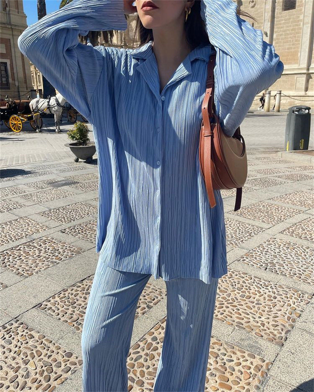 zllkl  2022 Spring New European and American Fashion Pleated Design Shirt Outfit Straight-Leg Trousers Loose Drooping Two-Piece Set for Women