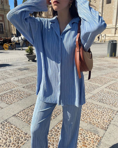zllkl  2022 Spring New European and American Fashion Pleated Design Shirt Outfit Straight-Leg Trousers Loose Drooping Two-Piece Set for Women