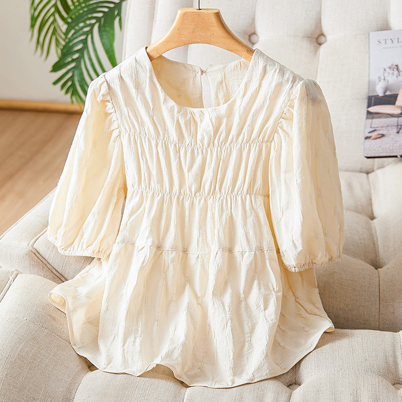Cotton cocoon, apricot crew neck shirt women's short sleeves summer 2025 new small doll shirt design top