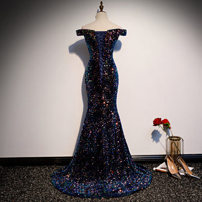 2025 supply one-word shoulder fishtail dress  new heavy industry sequins temperament long host evening dress