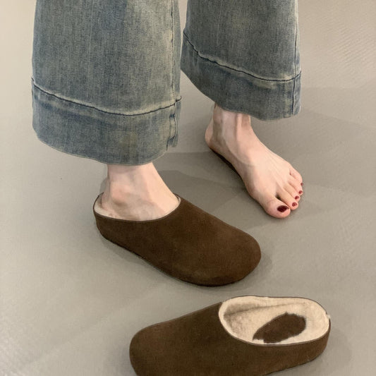 2025  Thick-bottomed small Mori girl retro big head ugly cute warm velvet bag head Birkenstock half slippers